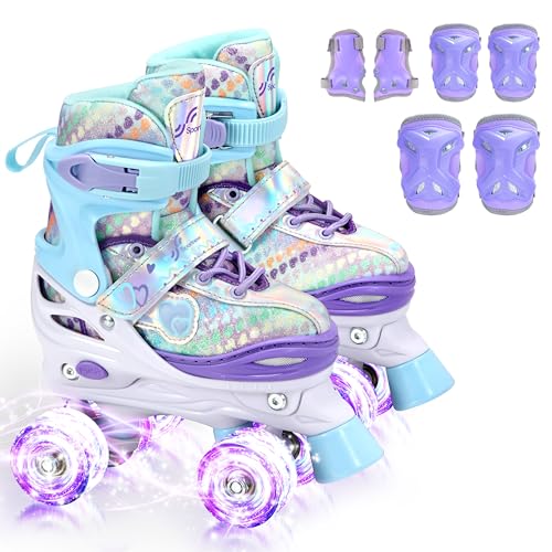 Sportneer Rollschuhe Kinder Mädchen, EU 23-36 Rainbow Rollschuhe Kinder 4 Größen Verstellbar mit SchutzausrüStung, Roller Skates Kids für Anfänger Weihnachts und Geburtstags Geschenke