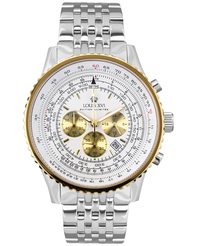 LOUIS XVI Artagnan 3441 - Ø 47.5 mm - Herren Uhr - Chronograph - Wasserdicht - Uhr mit Saphirglas - Bicolor - Armband Silber - Zifferblatt Weiß