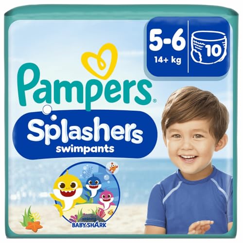Pampers Windeln Größe 5-6, Splashers Baby Shark Limited Edition, 10 Stück, Einweg-Schwimmwindeln, für sicheren Schutz im Wasser