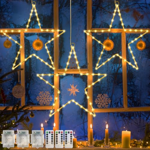 Jsdoin Weihnachtsfenster Lichter 3 Packungen Batteriebetriebene Sterne Weihnachtsleuchten mit 8 Modi & Fernbedienung 45 LED Fenster Warmes Licht für Party Indoor Outdoor Fenster Weihnachtsdekoration
