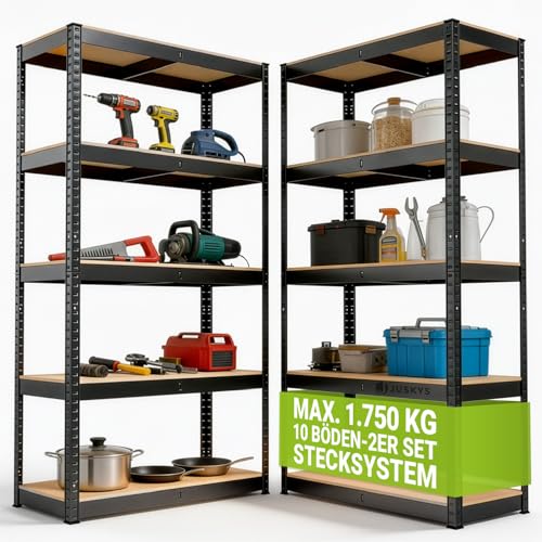 Juskys 2er-Set Lagerregal Basic 2X 180x90x40cm (HxBxT) - 1750 kg - 10 Böden - Schwerlastregal Steckregal Metall Kellerregal Regalsystem Regal - Grau