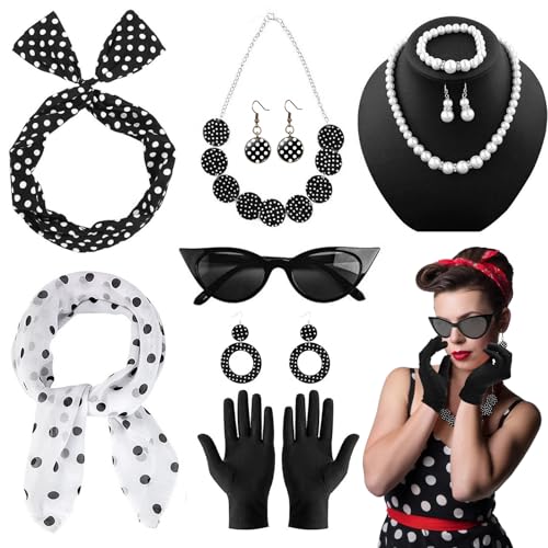 HUYUE 50er Jahre Rockabilly Accessoires Damen Kostüm mit Handschuhe Stirnband Schal Chiffon 1950s Kostüm Rockabilly Accessoires für Party Fasching (9 Stück)