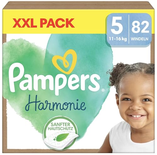 Pampers Harmonie Windeln, Größe 5, 82 Windeln, 11-16 kg, sanfter Schutz für die Haut und Inhaltsstoffe pflanzlichen Ursprungs in Kontakt mit der Haut des Babys