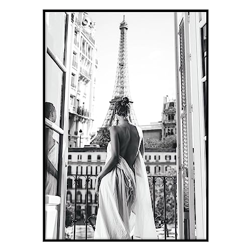 Styler Gerahmtes Bild Paris Balcony 50 x 70 cm I Artbox I Bild schwarzweiß schwarz weiss schwarzweiss vintage Frau Eiffelturm I Wandbild Wohnzimmer Schlafzimmer Wanddeko I Bild mit Rahmen