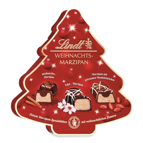 Lindt Schokolade | Weihnachts-Marzipan Pralinen Tanne | 175g | 18 edle Pralinés in 3 weihnachtlichen Sorten mit Edelmarzipan | festliche Pralinenmischung in edler Verpackung zur Weihnachtszeit