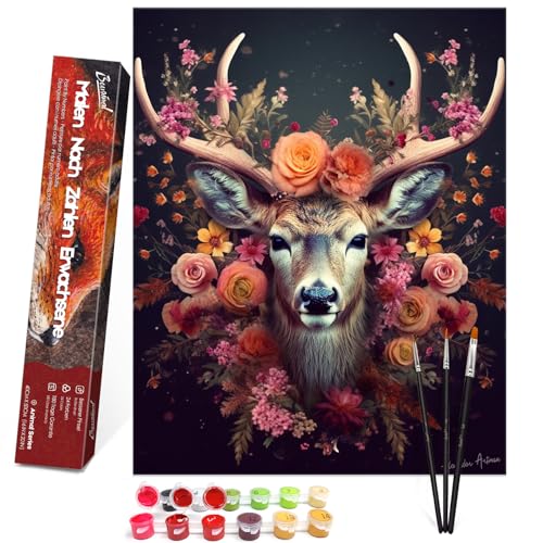 Bougimal Malen Nach Zahlen Erwachsene Tiere Ohen Rahmen inklusive Pinsel und Acrylfarben - 40 x 50 cm, Blume und Hirsch 1
