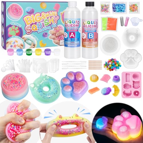 Highttoy Leuchtender Flüssigsilikon Große Squishy Bastelset Kinder 6+ Jahre | 480ml AB 1:1 Verhältnis Gemischt Squishy Selber Machen Set mit 9 Formen & Zubehör, Stressabbau Sensorik Spielzeug ab 6 Jahre