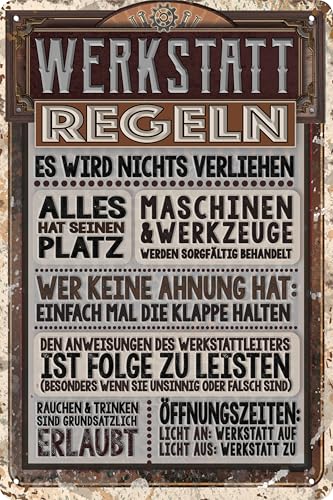 LUCKYLINDE wetterfestes 20 x 30 cm Blechschild für WERKSTATT und GARAGE – lustiger Spruch, Werkstattregeln, Handwerker und Schrauber Deko Schild
