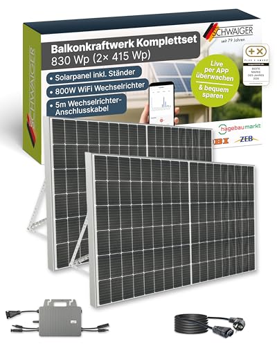 SCHWAIGER Balkonkraftwerk Komplettset 830 Wp I 2× 415 Wp Solarpanels inkl. Ständerwerk, 800W WiFi Wechselrichter, 5m Anschlusskabel I Plug & Play Solaranlage Photovoltaik für Balkon & Garten