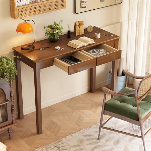 Snugverione Holzschreibtisch mit Schubladen – Massiver Holz-Schreibtisch im Mid-Century-Modern-Stil für das Schlafzimmer, Kompakter Computertisch für PC, Laptop, Lernen, 100x75x40 cm, Nussbaumfar