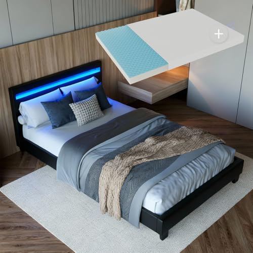 Juskys Polsterbett Paris 120x200 cm - Bett komplett mit LED-Beleuchtung, Matratze und Lattenrost - Kunstleder Bezug - schwarz - Jugendbett