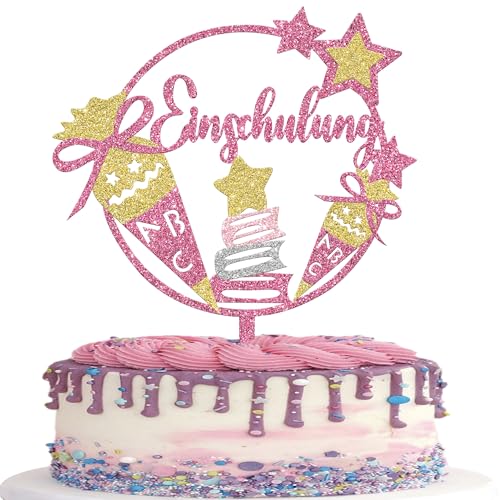 1 Stück Endlich Schulkind Tortendeko Glitzer Hurra Schulkind Kuchen Deko Zuckertüte ABC Kleiner Stern Cake Topper für Junge Mädchen Schule Beginnen Thema Kuchen Dekorationen Rosa