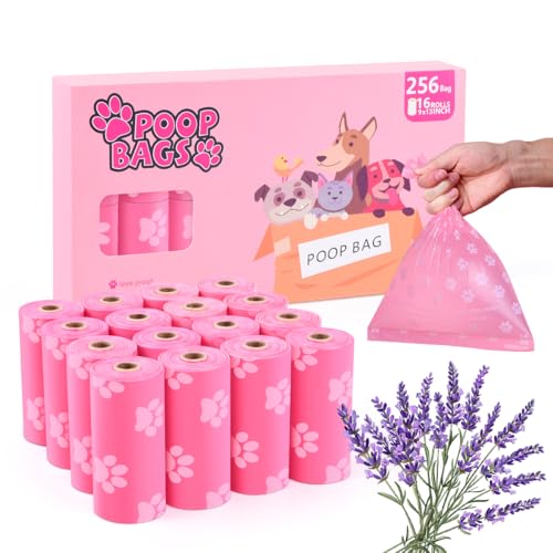 Ninsetinsoe Rosa Biologisch abbaubare Hundekotbeutel mit Halter-256 große Kotbeutel, Maisstärke gemischt kompostierbare, extra dicke starke auslaufsichere Kotbeutel für Hunde
