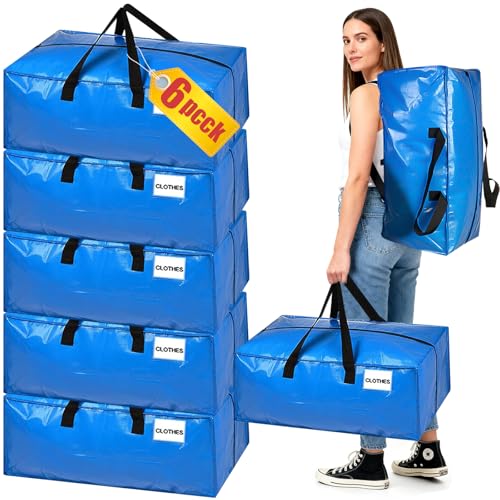 6 Stück 95L Extra Große Aufbewahrungstasche mit Reißverschlüssen, Robuste Umzugskartons mit Rucksackgurten, Starke Griffe,Umzugstaschen für Umzug Camping Bettwäsche Kleidung Aufbewahrung(Blau)