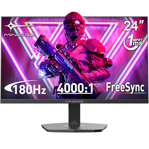 Minifire Gaming Monitor 24 Zoll, 180 Hz, 1ms, FreeSync, Full HD(1920 x 1080), Rahmenlos Bildschirm, Einstellbar, Low Blue Light, HDR 10,300Nits, sRGB 110%, 4000:1 Kontrast, HDMI 2.0&DP 1.2(MFG24F4L)