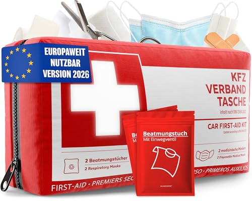 KFZ Verbandstasche nach aktueller Norm 2026 inkl. Beatmungstüchern - KFZ Verbandskasten europaweit nutzbar - Erste Hilfe Set Verbandkasten DIN 13164:2022 (StVO konform)