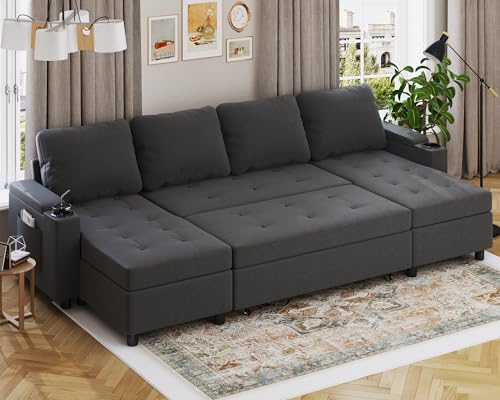 Devoko Ecksofa mit Schlaffunktion und Bettkasten U-Form Sofa 4-Sitzer Ausziehbares Schlafsofa Leinen Couch Kleines Schlafcouch für Wohnung und Wohnzimmer, Dunkelgrau