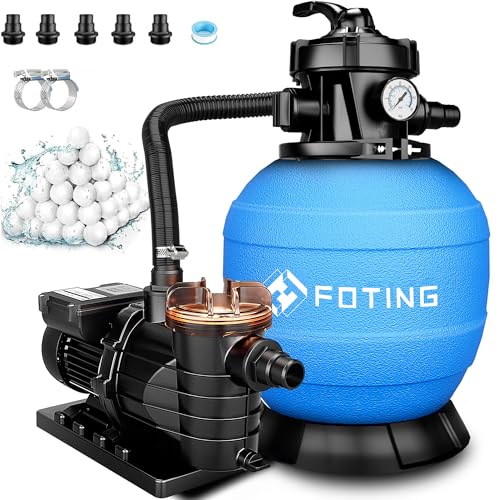 FOTING Sandfilteranlage Pool 15.000 L/h (15 m³/h) inkl. 200 g Filterbälle | Poolfilteranlage mit 7-Wege-Ventil, 24-Stunden Zeitschaltuhr| 2in1 Adapter Ø32mm-38mm