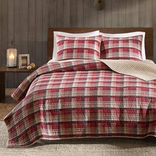 Woolrich Ganzjahres-Lichtbezug, gemütliche Bettschicht, passende Kissenbezüge Wendebettwäsche-Set – Landhaus-Stil, umgekehrt zu einfarbig, Baumwolle, Kariert, Rot/Hellbraun, Oversized Cal King, 3
