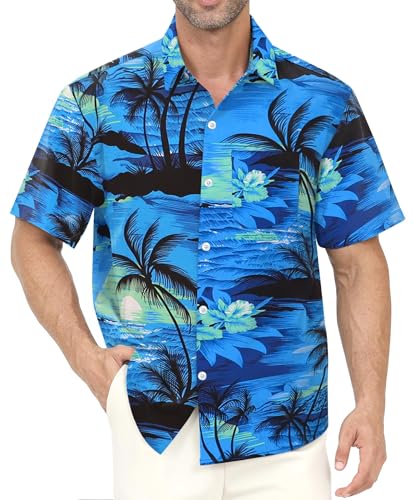 Gavliuu Hawaii Hemd Männer mit Brusttasche, Herren Kurzarmhemd Leichtes Button-Down-Sommerhemd mit Tropischen Blumen Druck, Atmungsaktiv für Urlaub (Größe: S-4XL)
