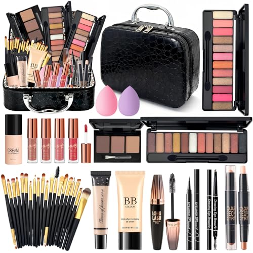 Make Up Set für Frauen, Schminkkoffer Damen, All in One Schminkset mit Reisetasche, Makeup Geschenkset für Teenager Mädchen mit Lidschatten Palette BB Cream Foundation Mascara Lipgloss Eyeliner
