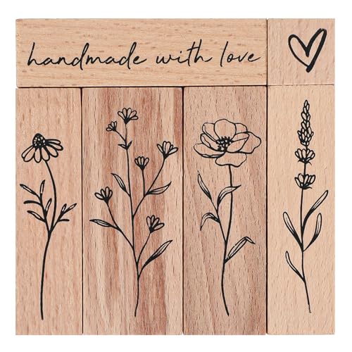 6 Stück Vintage Holzstempel,Stempel Holz, Blumen Motive Holzstempel Set,Naturpflanzen Mustern Vintage Motivstempel,für DIY Handwerk Basteln Scrapbooking