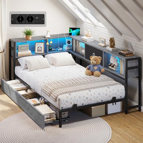DICTAC Jugendbett 90x200 mit LED-Beleuchtung und Ladestation, Bett 90 x 200 mit stauraum-5 Staufächern und 2 Schubladen,Tagesbett Einzelbett 90x200 mit Lattenrost aus Metall,Eichenasche Bett Daybed