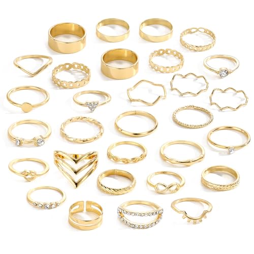 Hernin 30 Stück Gold/Silber Vintage Knuckle Ringe Set Frauen Gold Verstellbare Ringe Boho Vintage Punk Ringe Stapelbare Chunky Fingerrings Knuckle Silber Ringe Damen (Goldset)