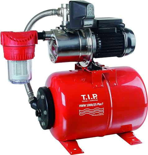 T.I.P. Hauswasserwerk Edelstahl mit Vorfilter (3.300l/h Fördermenge, 46m Förderhöhe, 4,6bar Druck, 800W, Installationsfertige Druckschaltung, 22l Stahl-Druckkessel, Manometer)HWW 1000/25 Plus F, 31144