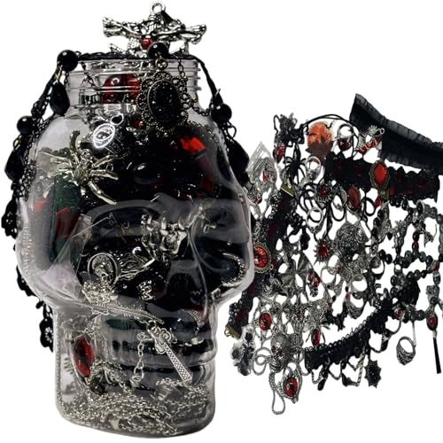 gudong Mystery Jewelry Schmuckdosen-Set,Überraschung,Gothic-Box für Frauen,Hexe, Punk,Hippie,Emo-Schmuck-Set,Mix-Ring,Halskette,Armband,Ohrringe,Einzigartiges Geschenk(Rot-schwarzer Gothic: 30 Teile)