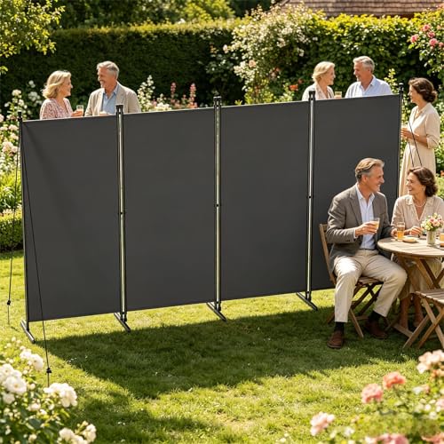 UISEBRT 320 x 180 cm Paravent Outdoor wetterfest mit Heringen und Abspannleinen,Klappbar Freistehend Trennwand ohne Bohren,mobiler sichtschutz für Garten Balkon terrasse,4 Teilig Dunkelgrau