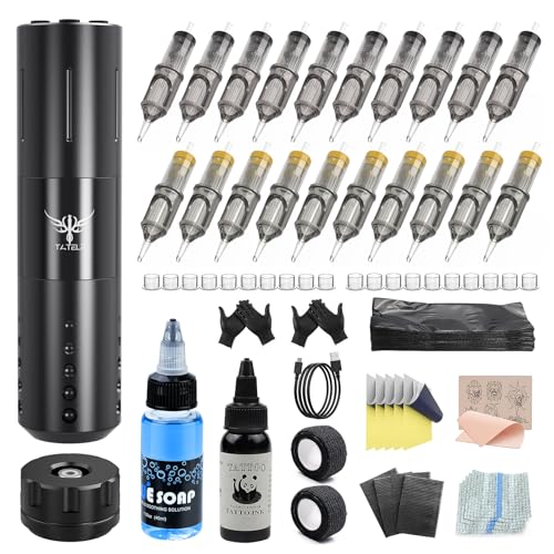 TATELF Complete Maschine Set Drahtlos RotaryPen mit 1800mAh Battery 20 Stück Nadel 100 Stiftabdeckungen Komplettes Zubehör für Anfänger und Künstler