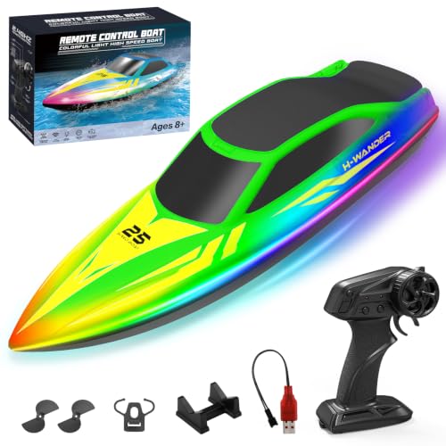 WUQNGI Ferngesteuertes Boot mit 2 Batterien, RC Speedboot für Kinder & Erwachsene, High Speed Motorboot ab 6 Jahre, Wasserboot mit LED-Licht, 2,4 GHz Rennboot Spielzeug Geschenk für Pool Meer Seen
