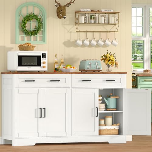 TEENFON 140 cm (B) Sideboard, 80 cm (H) Küchenschrank mit Arbeitsplatte, Buffetschrank mit 2 Schubladen & Verstellbaren Regalen, Küchenzeile für Küche, Wohnzimmer & Flur - 140 x 36.8 x 80 cm - Weiß