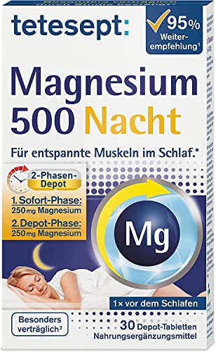 tetesept Magnesium 500 Nacht Tabletten für entspannte Muskeln im Schlaf, 30 St. Tabletten