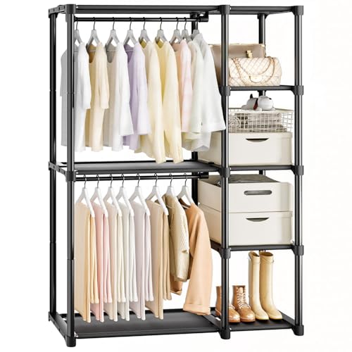 Mavivegue Kleiderschrank offen, Offen Kleiderschrank, 4 Stock Kleiderständer, Kleiderstange, Garderobe, 2 Hängefächer viel Platz, für Wohnzimmer, Schlafzimmer, 40 x 121 x 161 cm, Schwarz