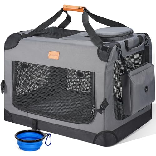 Morpilot Hundetransportbox L 70x52x52cm, faltbar Hundebox Auto Zuhause für 18kg, Transporttasche Haustiertransportbox Hundetragetasche mit faltbarem Napf, Schultergurt Aufbewahrungstaschen