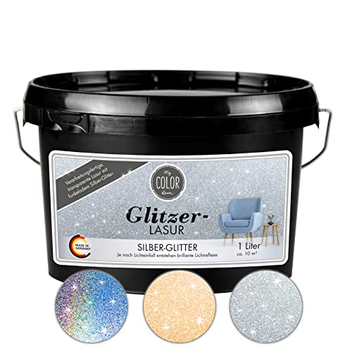 My COLOR Room Glitzer-Lasur (1000 ml, Silber) Transparente Wandfarbe für Wandgestaltung Mit Glitzer-Effekt, Innenbereich Dekorationslasur Made in Germany