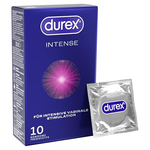 Durex Intense Kondome – Für komfortablen Sitz, safer sex und hervorragende Gleitfähigkeit mit Noppen, Rippen & viel Desirex-Gel, anatomische Easy-On-Form – 10er Pack (1 x 10 Stück)