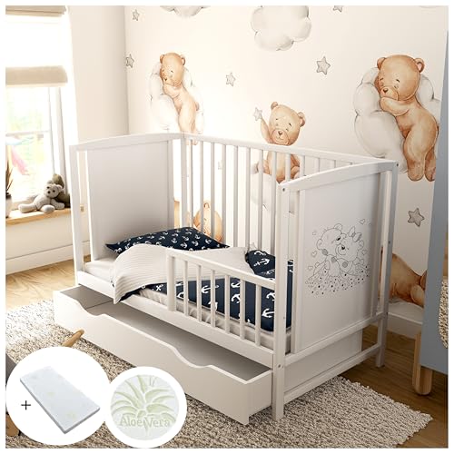 Generisch Baby Delux Babybett 60x120 Kinderbett umbaubar zum Juniorbett weiß mit Schublade und Aloe Vera Matratze höhenverstellbar mit Schlupfsprossen (Mia Schublade Schutzgitter)