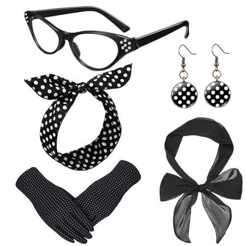 Makoto Nobu 5 Stücke Rockabilly Accessoires Damen, 50er Jahre Kostüm Damen Vintage Kleidungszubehör, 1950s Kostüm Set mit Chiffon Schal Handschuhe Sonnenbrille Polka Dot Bandana Ohrringe