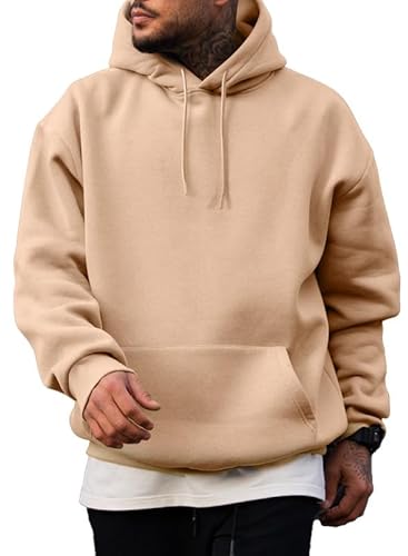 JMIERR Baumwolle Hoodie Herren Freizeit Sweatshirts mit Taschen Winter Langarm Pullovers mit Kordelzug Männer Kapuzenpullover Hellbraun L