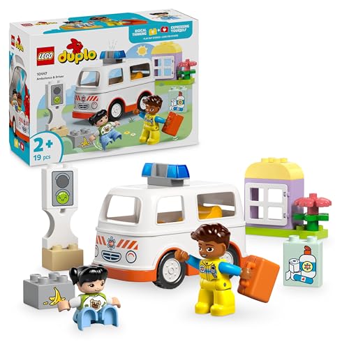 LEGO DUPLO Rettungswagen mit Fahrer - Lernspielzeug für Kleinkinder ab 2 Jahren - Montessori Spielzeug für Rollenspiele - Rettungswagen Spielzeug mit Auto, Haus, 2 Figuren - Geschenk für Kinder 10447