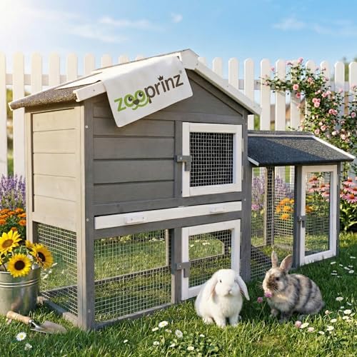 zooprinz Kaninchenstall, Hasenstall – aus massivem Vollholz ideal für draußen - Einfach zu reinigen Dank der großen Kotschublade – Hasenstall mit natürlichen Farben gestrichen