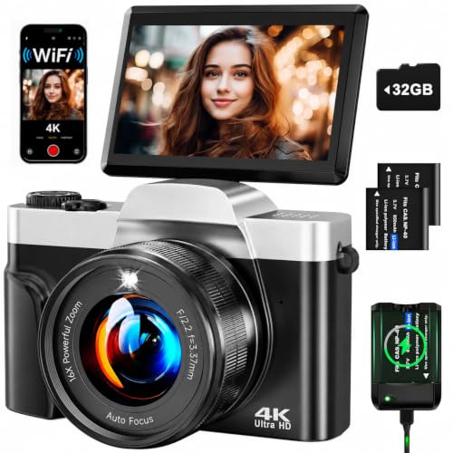 Digitalkamera 4K 64MP mit WLAN, Autofokus Vlogging-Kamera & Webcam, 3″ 180° Klappdisplay, 16-Fach Digitalzoom, Verwacklungsschutz, 32GB SD-Karte, Ladestation & 2 Akkus für Anfänger und Jugendliche