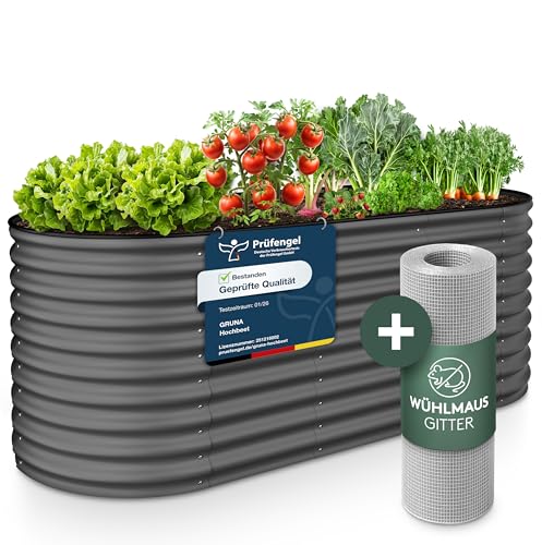 GRUNA - Hochbeet Metall 200x60x75 cm I 6 in 1 Modular Hochbeete-Kit I 100% Rostfrei I Formstabil Dank Verstrebung I Hochbeete für Garten I Hochbeet Anthrazit (200x60x75)