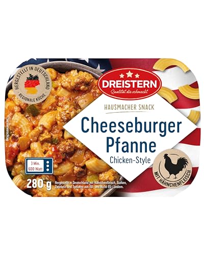 DREISTERN Cheeseburger Pfanne 280g I Mit Hähnchen & Nudeln I Herzhaftes Fertiggericht in Mikrowellenschale I Lange Haltbarkeit dank natürlicher Konservierung I Hausmacher Qualität