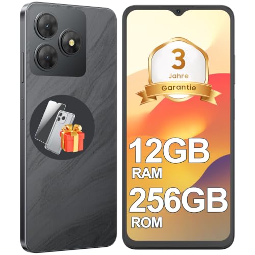 Handy Ohne Vertrag, Android 15 Smartphone, 12GB RAM 256GB Speicher, 6,56 Zoll 90Hz Display, 5000mAh Akku, 4G, Dual SIM, GPS, Fingerabdruck, Face ID, für Social Media Streaming und Alltag, Schwarz