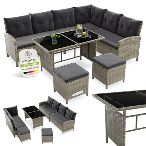 Juskys Polyrattan Lounge Manacor mit Ecksofa, Esstisch, 2 Hocker & Kissen - wetterfest bis 7 Personen - Bezüge waschbar - Rattan Garten Sitzgruppe Gartenlounge Gartenmöbel Set - Grau-meliert