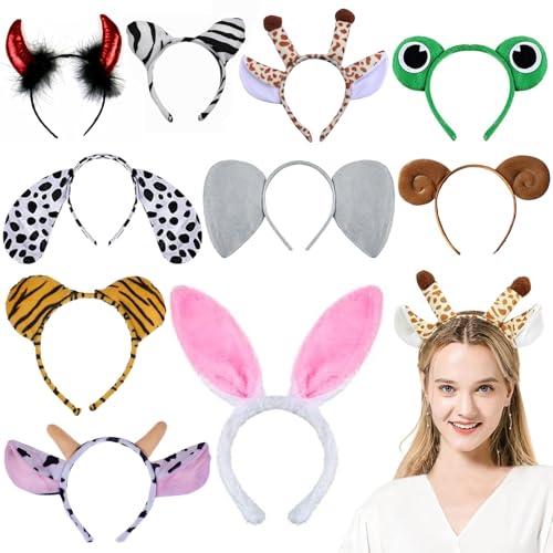 MUYAPAY DINGFENG 10 Stücke Tierohren Haarreif Set Kinder Fasching Haarreif，Kopfbedeckung Karneval Fotobox Accessoires, Party Tier Verkleidung Haarreifen, für Erwachsene Damen Geburtstag Themenparty